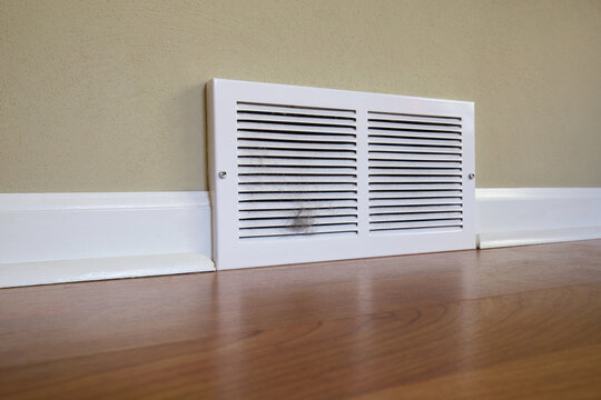 Dirty register wall vent with pet hair clogging the duct opening in a home