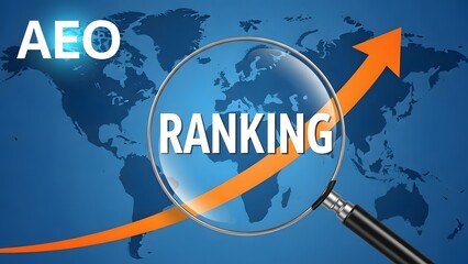 Aeo ranking concept with magnifying glass over world map showing upward trend arrow, business analysis and global performance evaluation