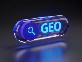 Glowing blue digital search button icon with magnifying glass and text geo, representing geolocation or geographic search concept, 3d rendering