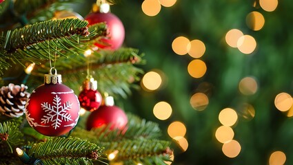 Festive Christmas Tree Closeup with Red Snowflake Ornaments and Warm Bokeh Lights