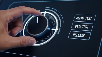 A hand selecting the release option on a digital interface with alpha test, beta test, and release choices