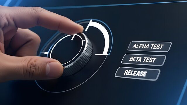 Hand adjusting a digital dial for software testing stages alpha test, beta test, and release on a dark interface