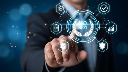 Businessman pointing at digital security and data protection icons on virtual screen