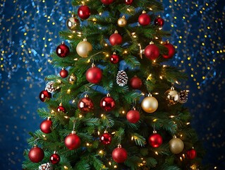 Fully Decorated Christmas Tree with Red and Gold Ornaments and Warm Lights Against a Blue Bokeh Background