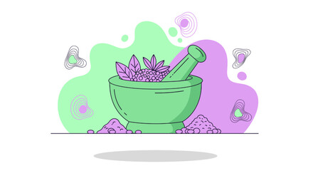 Flat vector illustration depicting a mortar and pestle preparing herbal medicine or natural ingredients. This bright, modern design conveys concepts of organic wellness, holistic health, aromatherapy,