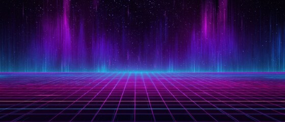 The neon grid and retrofuturistic synthwave horizon with glowing purple auroras
