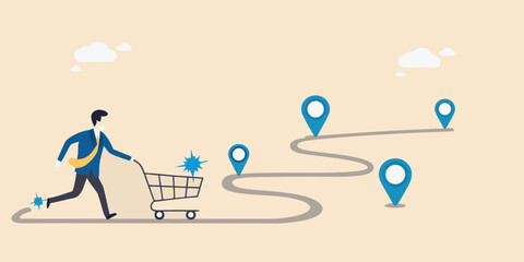 A businessman pushes a shopping cart along a winding path with location markers