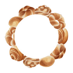 Homemade buns in a round frame with space for text in the center. Watercolor illustration. Fresh and warm baked goods. Art project on a culinary theme.