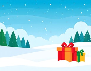 Animated winter scene with gifts under snowfall and green trees