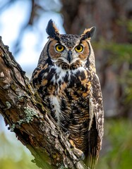 Obraz premium Close-up view of a large owl perched on a textured branch, with piercing yellow eyes. Its brown and white feathers are visible