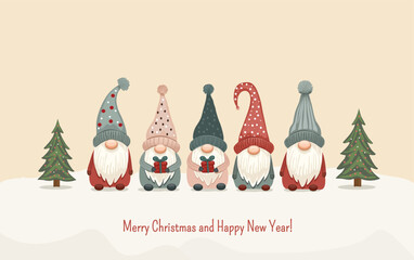 Cute Scandinavian Christmas gnomes with knitted hats and gifts, pastel colors, cozy modern vector illustration, minimal festive atmosphere