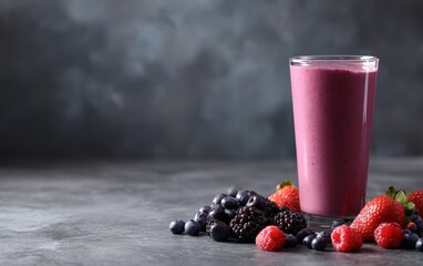 Mixed berry smoothie in tall glass, fresh ingredients around, energetic wellness theme