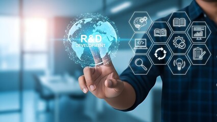 Businessman touching a holographic globe with the word rad development and various icons around it