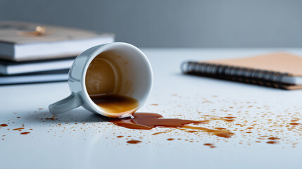Spilled coffee mug on desk with notebooks and spilled liquid  