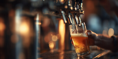 Hand pouring beer into glass at bar counter with blurred background  