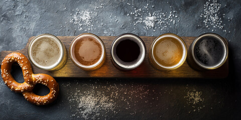 Assorted craft beers in glasses with pretzel on wooden board