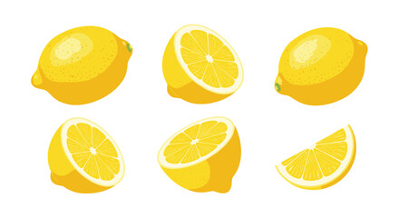 Set of vibrant yellow lemons and lemon slices in various positions including whole fruit and halves isolated on a clean white background.