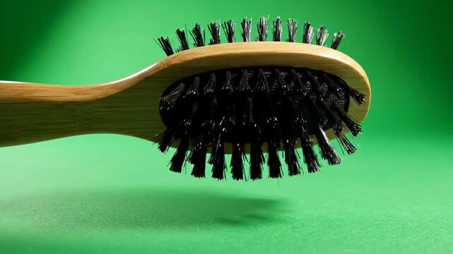 Close-up of a wooden hairbrush with black bristles on a green screen background, showcasing floating household objects in isolation.