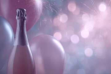 New Year party scene with sparkling fireworks, champagne bottle, and balloons for digital celebration visuals