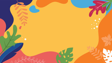 Vibrant Orange Decorative Floral Frame Vector Background with Colorful Leaves and Organic Modern Flat Shapes