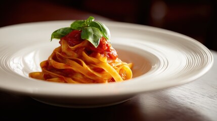 Beautiful pasta dish with tomato sauce and basil, restaurant-quality plating
