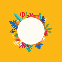 Bright Yellow Decorative Floral Circle Frame Vector Background with Colorful Leaves and Modern Flat Botanical Design