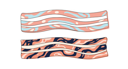 Two strips of fried bacon illustrated in a creative and artistic abstract style with unconventional colorful patterns on each slice.
