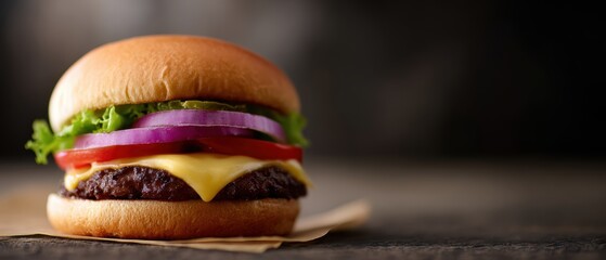 Classic cheeseburger with fresh toppings, perfect juicy look, delicious comfort food vibe