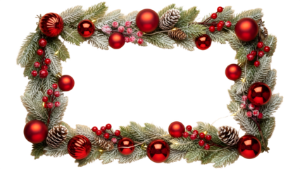 Christmas wreath frame with red ornaments isolated on transparent background