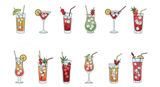 Large collection of twelve colorful summer cocktails and mocktails in various glasses with garnishes on a white background.
