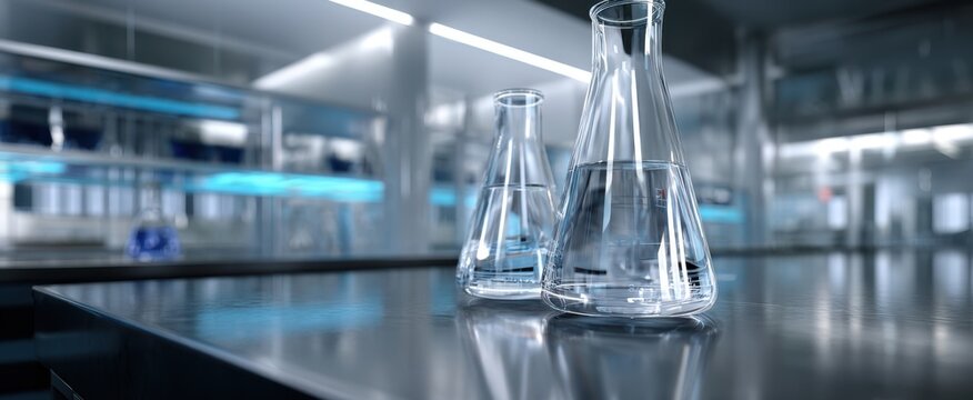 The Laboratory Flasks on Reflective Stainless Bench in Modern High-Tech Research Lab