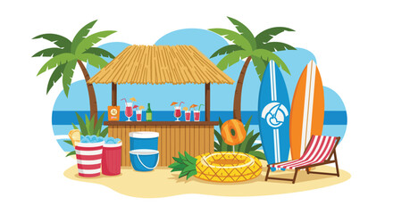 Fototapeta premium Tropical beach bar scene with a tiki hut surfboards palm trees and summer cocktails on a sunny day perfect for vacation concepts.