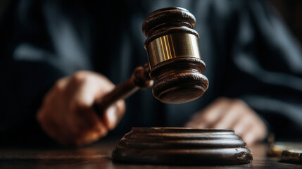 Judge uses gavel to call the court to order during a legal proceeding in a courtroom