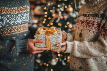 Couple exchanging a gift in front of a Christmas tree during the holiday season in a cozy indoor setting