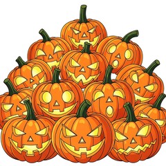 Pile of Cartoon Jack-o'- Lanterns with Various Faces
