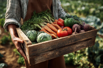 Farmer carries a wooden crate full of fresh vegetables in a field during daylight