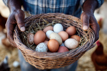 Farmer holds basket filled with freshly collected eggs in a rural setting during daylight hours