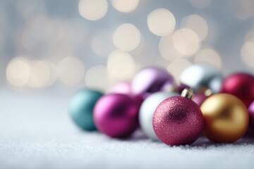 Colorful Christmas ornaments arranged aesthetically with bokeh lights and cheerful seasonal vibes