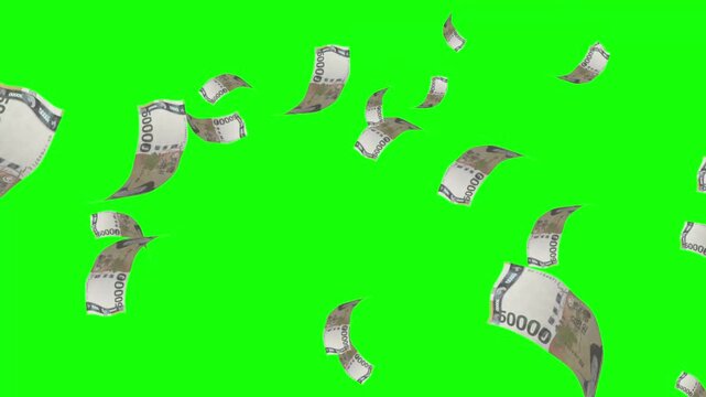 Money rain 1000 won korean banknotes money falling down. KR currency. 3D render. Animation. paper money bills falling. Business and finance