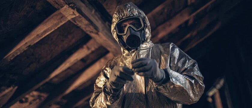 The hazmat worker in reflective protective suit adjusts gloves in dim attic space