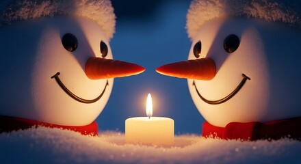 Two adorable snowmen share a romantic moment by candlelight in the snow