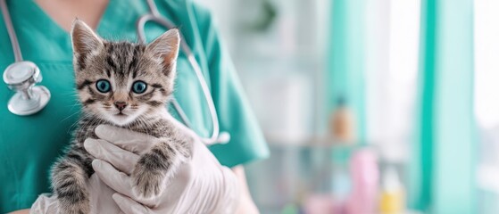 The kitten in gloved hands at the veterinary clinic during a gentle medical checkup