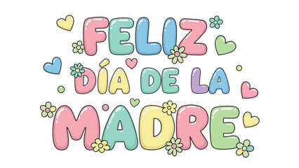 Cute vector illustration featuring "Feliz D&iacute;a de la Madre" (Happy Mother's Day) in joyful, bubbly pastel letters decorated with sweet hearts and delicate flowers. Perfect for cards and greetings.