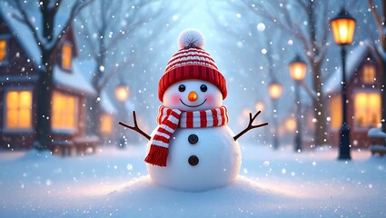 Cute Snowman in Red Scarf and Hat Standing in Snowy Winter Village Scene