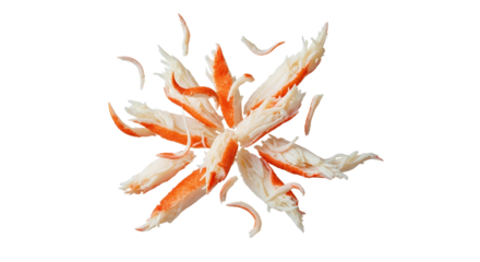 Explosive Seafood Composition: Imitation Crab Meat Bursting on a Pristine Backdrop exhibiting a modern gastronomic display