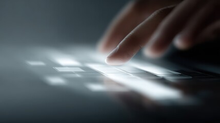 Person typing on transparent keyboard with floating UI elements, futuristic workflow concept