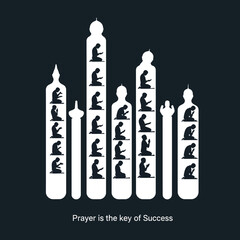 Islamic Prayer Silhouettes within Minaret Shapes on Dark Background.