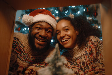 Smiling couple in Christmas sweaters celebrating holiday spirit with decorations and tree in cozy setting