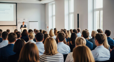 Diverse audience listens to a speaker during a business presentation in a sunlit conference room, focused on stage with the speaker.