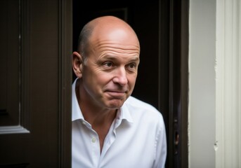 A Bald Man in a White Shirt Leans Through a Doorway